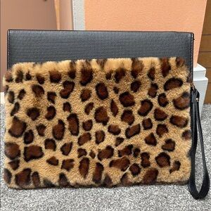 Soft double-sided fuzzy leopard print wristlet w/ black wrist strap & gold hrdwr